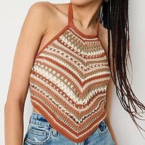 NWT Arizona Crochet Halter Neck Crop Top Baked Clay Stripe Size Small